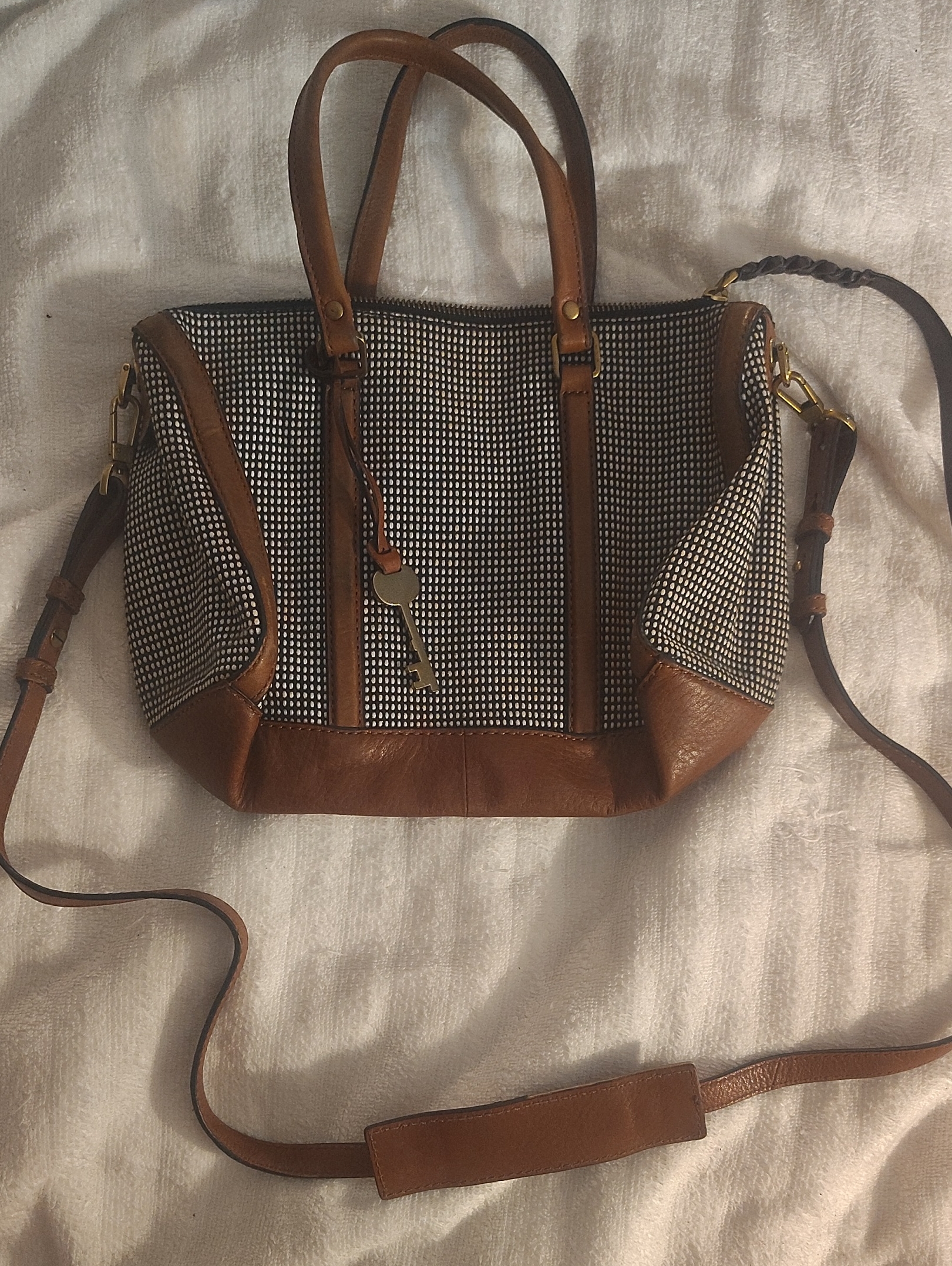 Fossil Black-And-White Houndstooth Tote With Brown Leather Trim